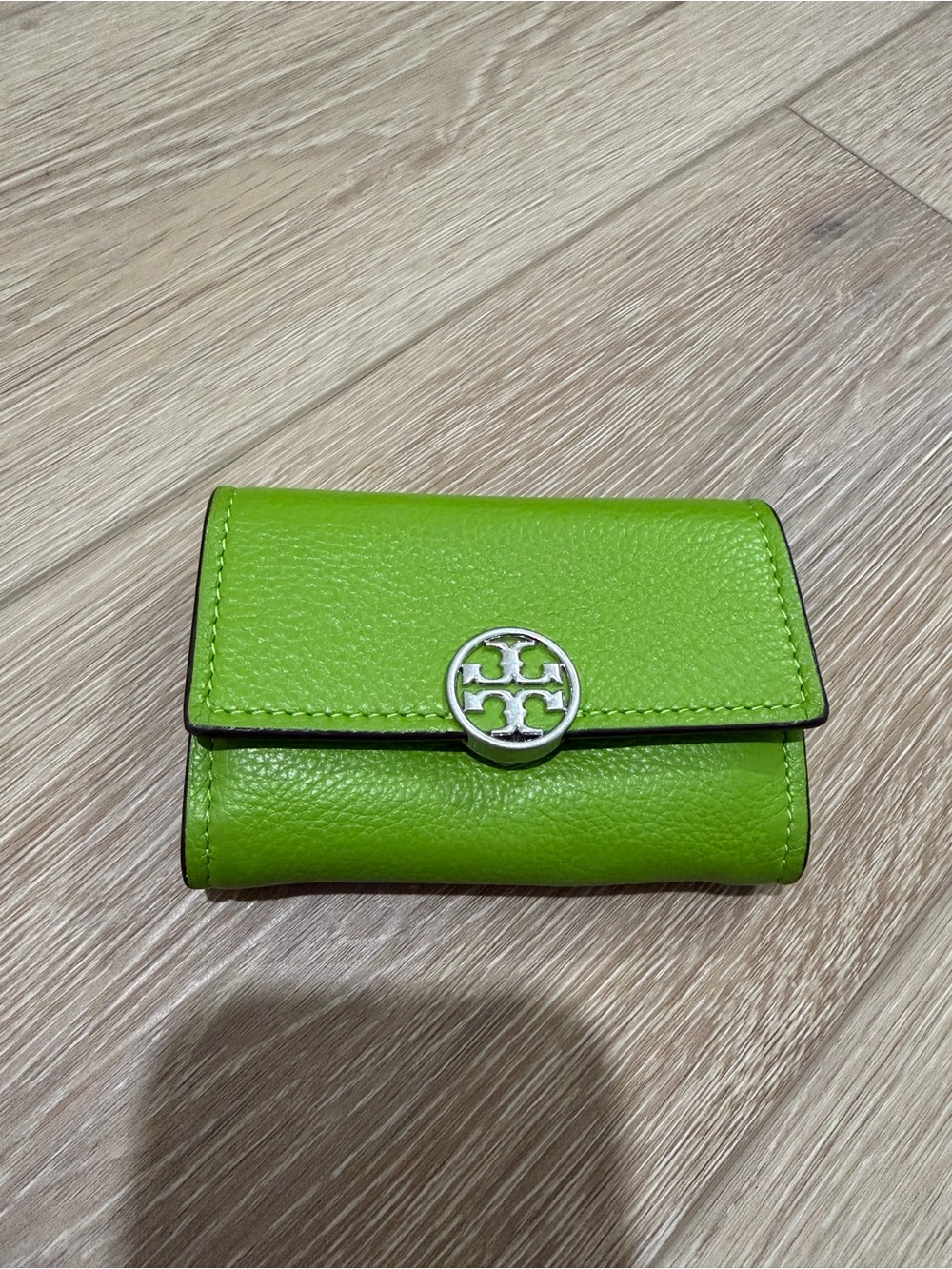Tory Burch Lime Green Pebbled Leather Key Case with Silver Logo